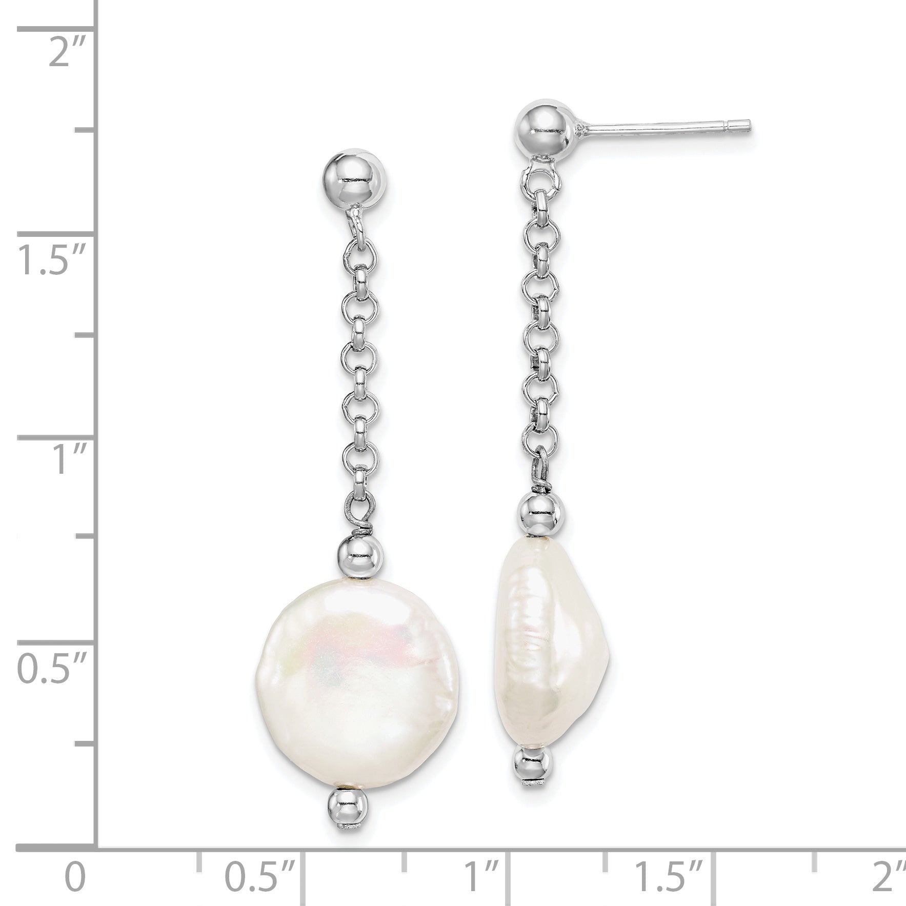 Sterling Silver Rhod-Plated 12-13 Coin Fwc Pearl Dangle Earrings