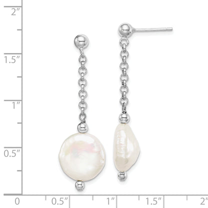 Sterling Silver Rhod-Plated 12-13 Coin Fwc Pearl Dangle Earrings