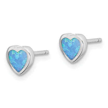 Sterling Silver Rhodium-Plated 6mm Blue Created Opal Heart Post Earrings