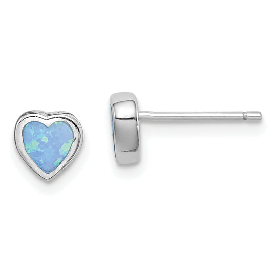 Sterling Silver Rhodium-Plated 6mm Blue Created Opal Heart Post Earrings