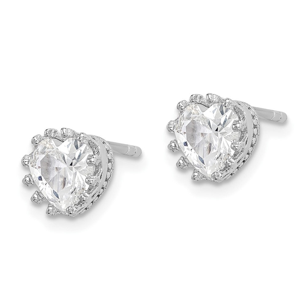 Sterling Silver Rh-Plated Polished & Textured 6mm Heart Cz Stud Earrings