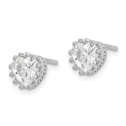 Sterling Silver Rh-Plated Polished & Textured 6mm Heart Cz Stud Earrings