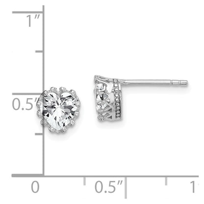 Sterling Silver Rh-Plated Polished & Textured 6mm Heart Cz Stud Earrings