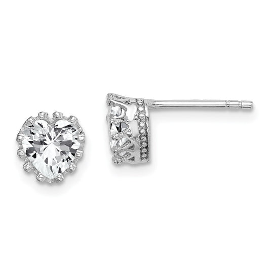 Sterling Silver Rh-Plated Polished & Textured 6mm Heart Cz Stud Earrings