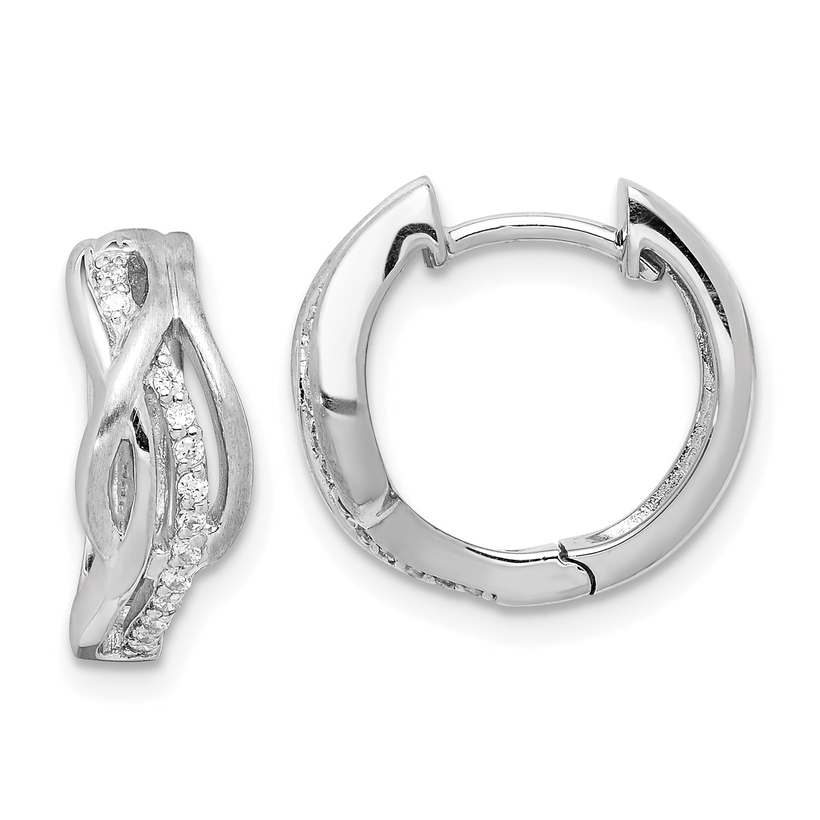 Sterling Silver Rhodium-Plated Satin Cz Swirl Hinged Hoop Earrings