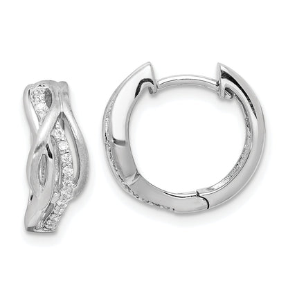 Sterling Silver Rhodium-Plated Satin Cz Swirl Hinged Hoop Earrings