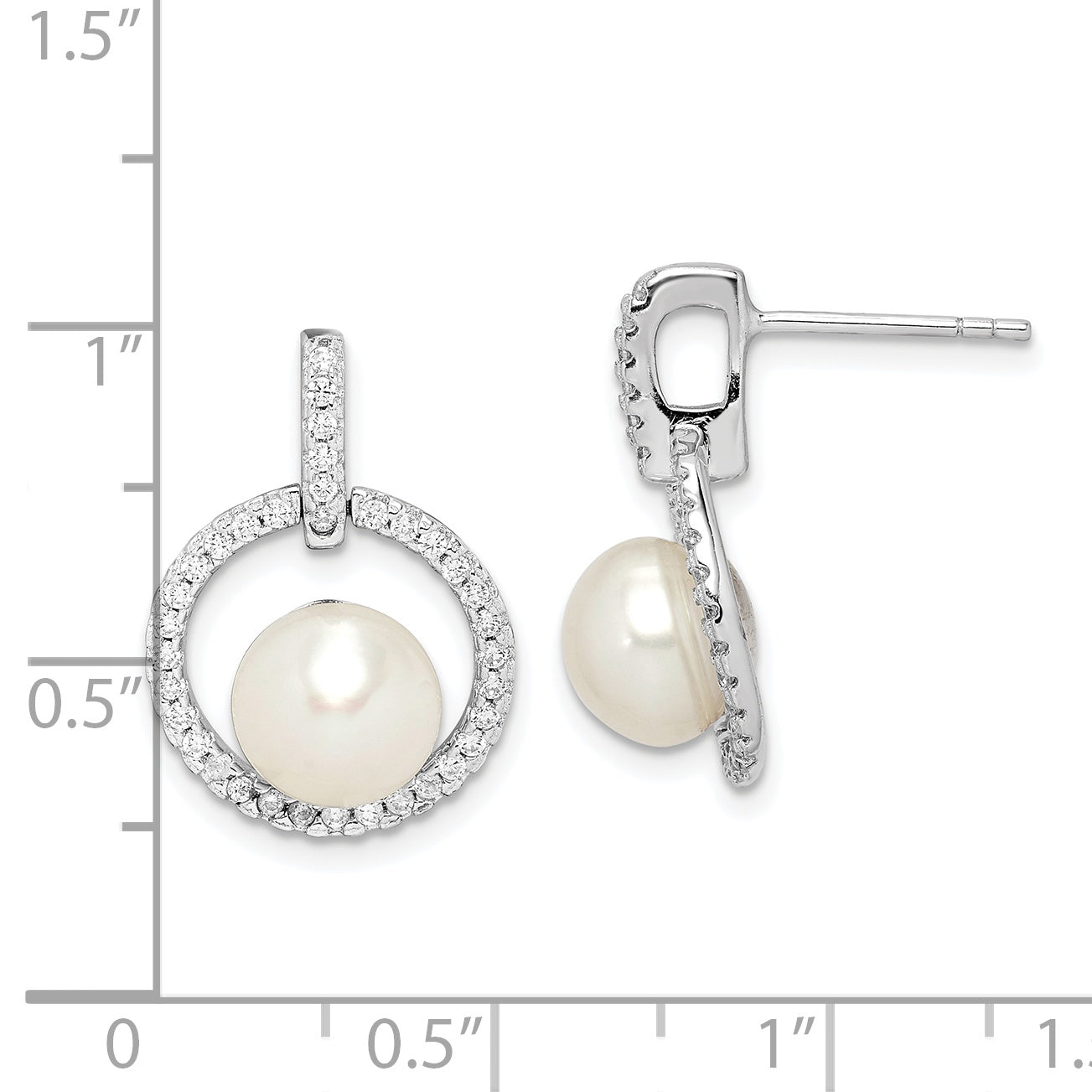 Sterling Silver Rhodium-Plated 8-9mm White Button Fwc Pearl Cz Earrings