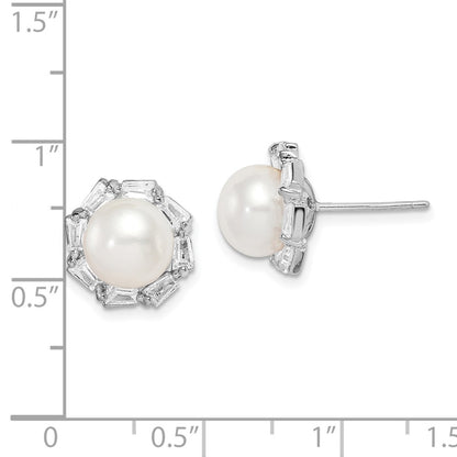 Sterling Silver Rhod-Plat 8-9mm White Button Fwc Pearl Cz Earrings