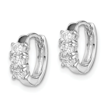 Sterling Silver Rh-Plated 3-Stone Cz 2X11mm Hinged Hoop Earrings