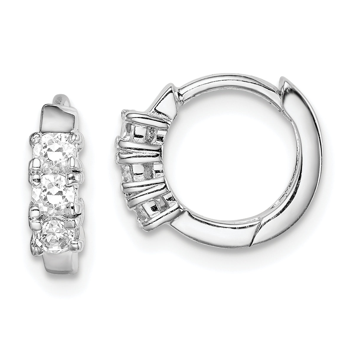 Sterling Silver Rh-Plated 3-Stone Cz 2X11mm Hinged Hoop Earrings