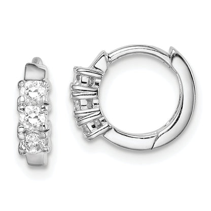 Sterling Silver Rh-Plated 3-Stone Cz 2X11mm Hinged Hoop Earrings