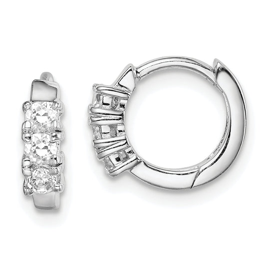 Sterling Silver Rh-Plated 3-Stone Cz 2X11mm Hinged Hoop Earrings