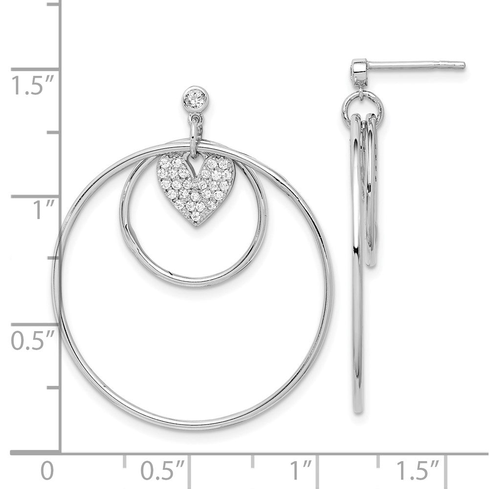 Sterling Silver Rh-Plated Double Circle W/Cz Heart Post Earrings
