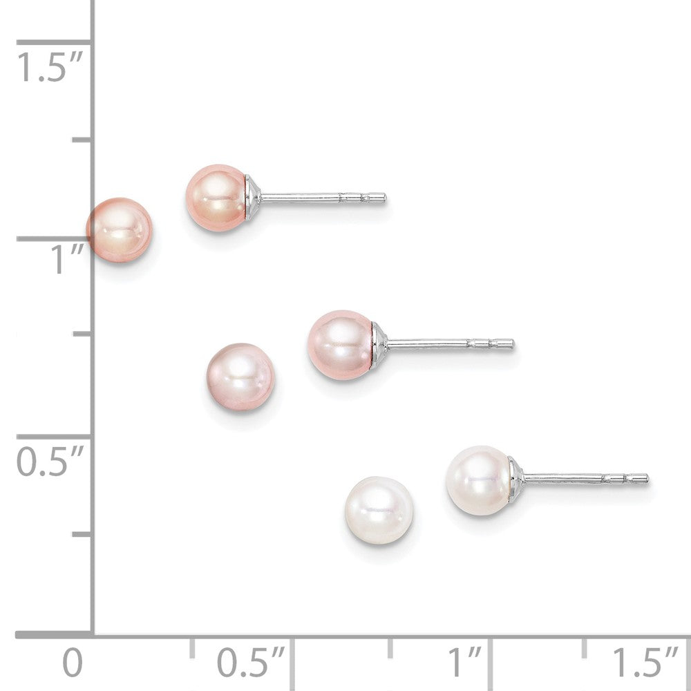 Sterling Silver Madi K Rhodium-Plated Polished 4-5mm White, Pink And Purple Round Freshwater Cultured Pearl Stud Earrings Set