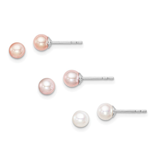 Sterling Silver Madi K Rhodium-Plated Polished 4-5mm White, Pink And Purple Round Freshwater Cultured Pearl Stud Earrings Set