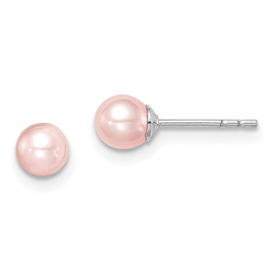 Sterling Silver Madi K Rhodium-Plated Polished 4-5mm Pink Round Freshwater Cultured Pearl Children'S Stud Earrings