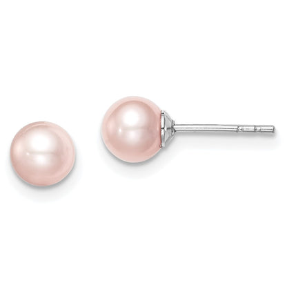Sterling Silver Madi K Rhodium-Plated Polished 5-6mm Pink Round Freshwater Cultured Pearl Children'S Stud Earrings