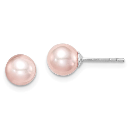 Sterling Silver Madi K Rhodium-Plated Polished 6-7mm Pink Round Freshwater Cultured Pearl Children'S Stud Earrings