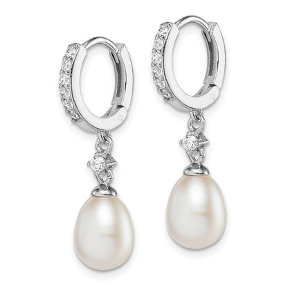 Sterling Silver Rhodium-Plated 7-8mm Fwc Pearl Cz Hoop Dangle Earrings