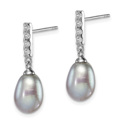Sterling Silver Rhodium-Plated Polished 8-9mm Grey Freshwater Cultured Pearl & Cz Post Dangle Earrings