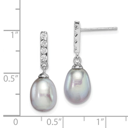 Sterling Silver Rhodium-Plated Polished 8-9mm Grey Freshwater Cultured Pearl & Cz Post Dangle Earrings