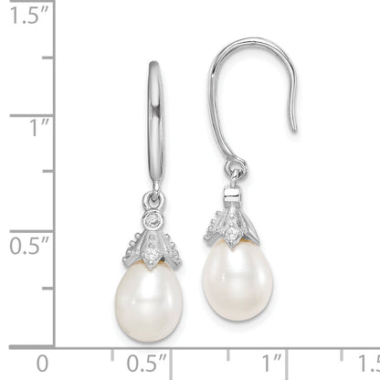 Sterling Silver Rhodium-Plated Polished White 7-8mm Freshwater Cultured Pearl & Cz Dangle Earrings