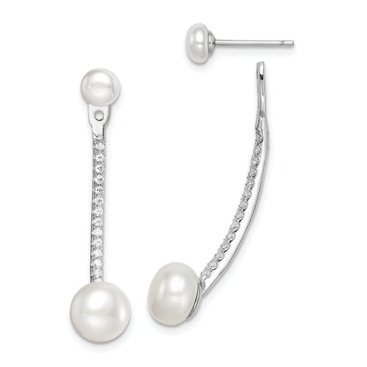 Sterling Silver Rhodium-Plated Polished White 5-7mm Freshwater Cultured Pearl & Cz With Jacket Post Earrings