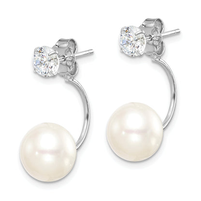 Sterling Silver Rhodium-Plated Polished White 9-10mm Freshwater Cultured Pearl & Cz Front Back Post Dangle Earrings