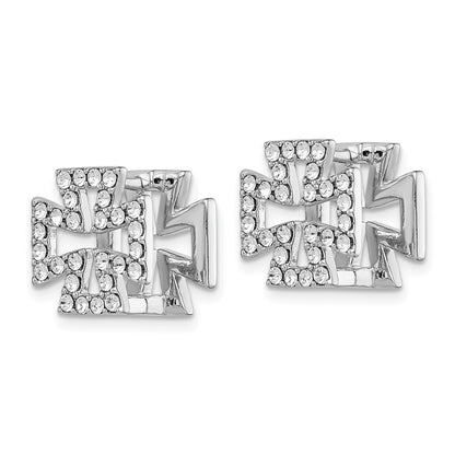 Sterling Silver Rh-Plated Blk Enamel Cross Crystal Hinged Earrings