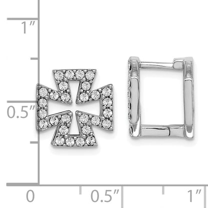 Sterling Silver Rh-Plated Blk Enamel Cross Crystal Hinged Earrings