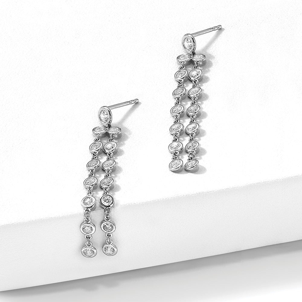 Sterling Silver Shimmer Rhodium-Plated 30 Stone Cz 2 Strand Post Dangle Earrings