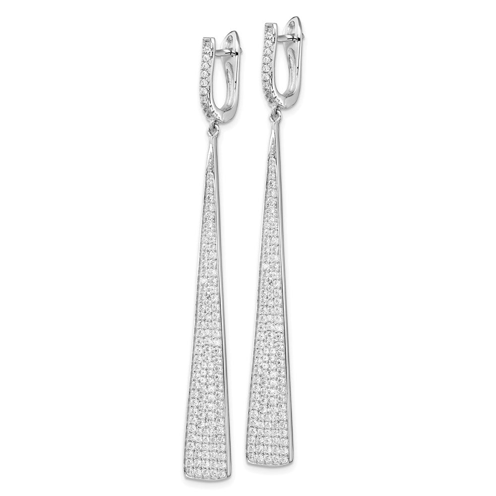 Sterling Silver Shimmer Rhodium-Plated 228 Stone Pav Cz Triangle Dangle Hinged Post Earrings