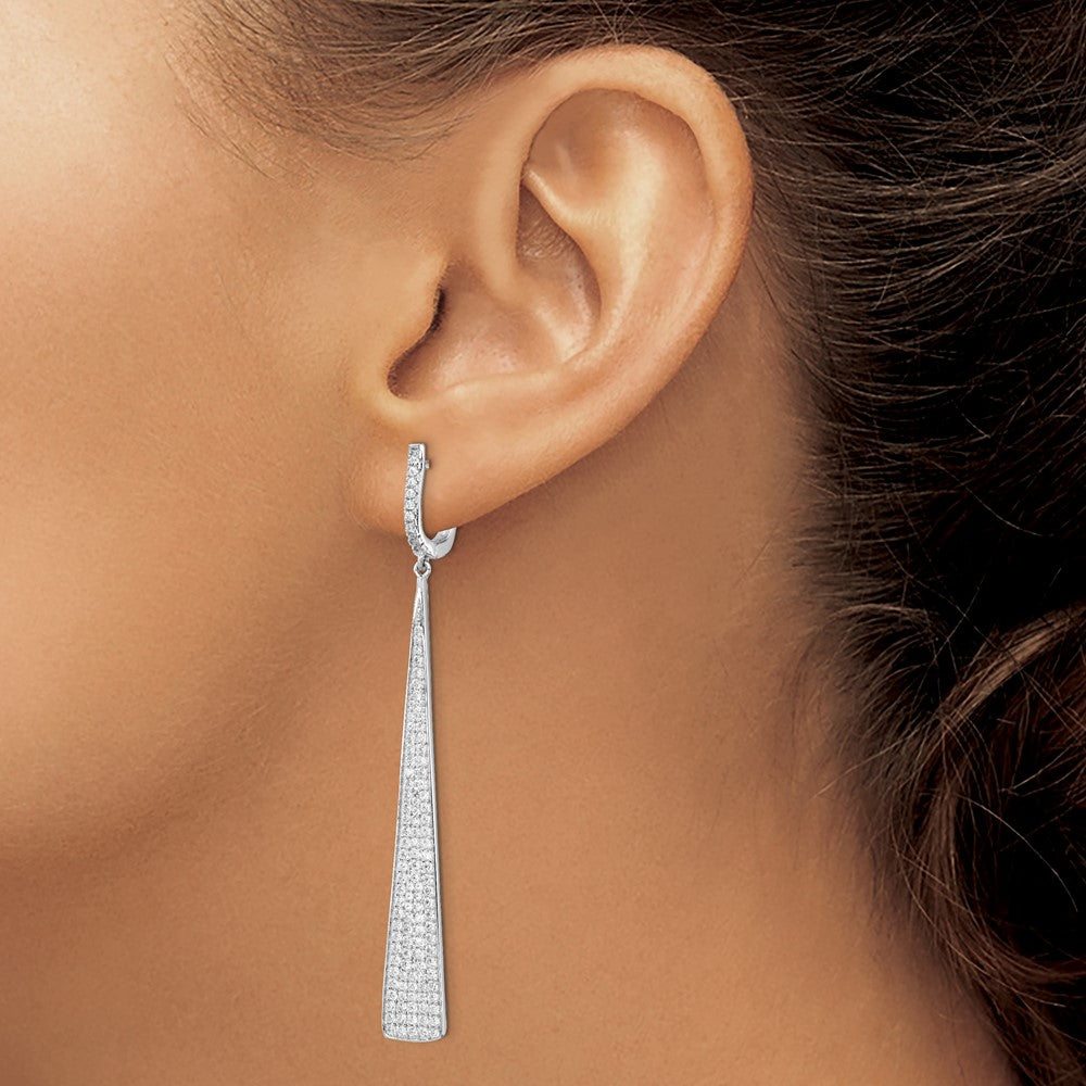 Sterling Silver Shimmer Rhodium-Plated 228 Stone Pav Cz Triangle Dangle Hinged Post Earrings