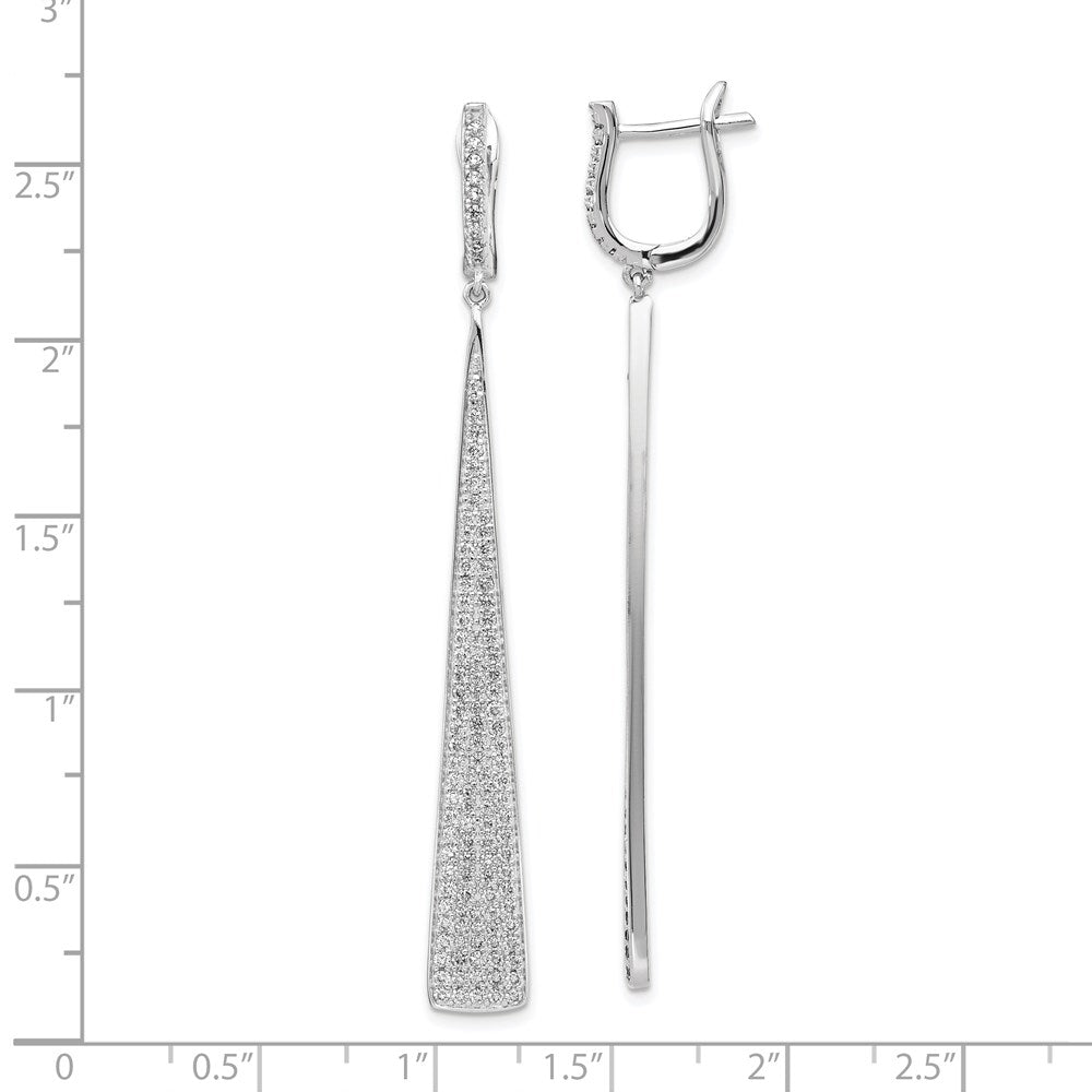 Sterling Silver Shimmer Rhodium-Plated 228 Stone Pav Cz Triangle Dangle Hinged Post Earrings