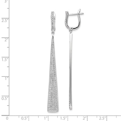 Sterling Silver Shimmer Rhodium-Plated 228 Stone Pav Cz Triangle Dangle Hinged Post Earrings