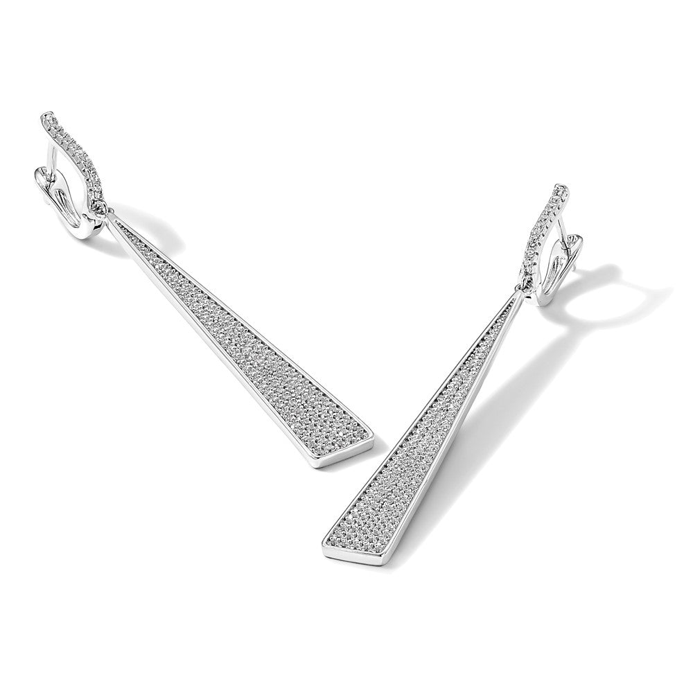 Sterling Silver Shimmer Rhodium-Plated 228 Stone Pav Cz Triangle Dangle Hinged Post Earrings