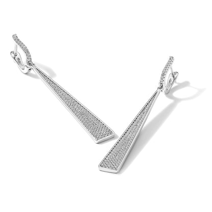 Sterling Silver Shimmer Rhodium-Plated 228 Stone Pav Cz Triangle Dangle Hinged Post Earrings