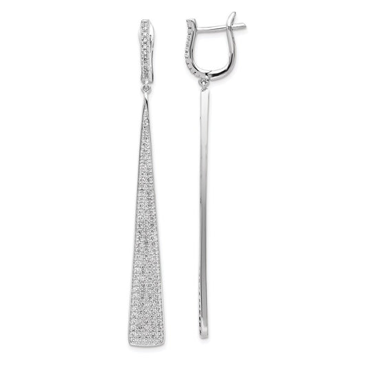 Sterling Silver Shimmer Rhodium-Plated 228 Stone Pav Cz Triangle Dangle Hinged Post Earrings