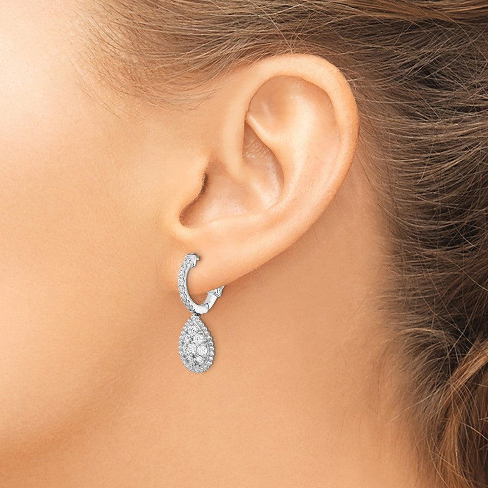 Sterling Silver Shimmer Rhodium-Plated 30 Stone Cz Teardrop Dangle Hinged Hoop Earrings
