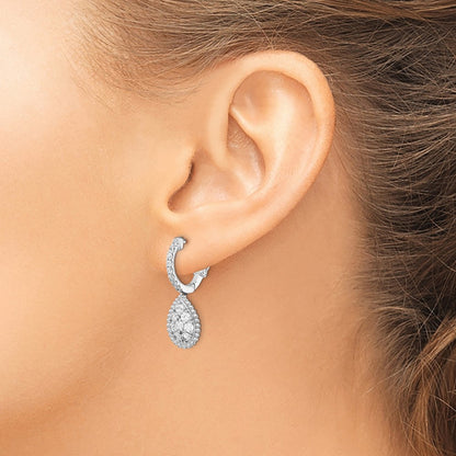 Sterling Silver Shimmer Rhodium-Plated 30 Stone Cz Teardrop Dangle Hinged Hoop Earrings