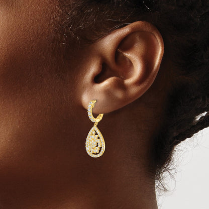 Sterling Silver Shimmer Gold-Tone Flash Gold-Plated 126 Stone Cz Teardrop Dangle Hinged Hoop Earrings