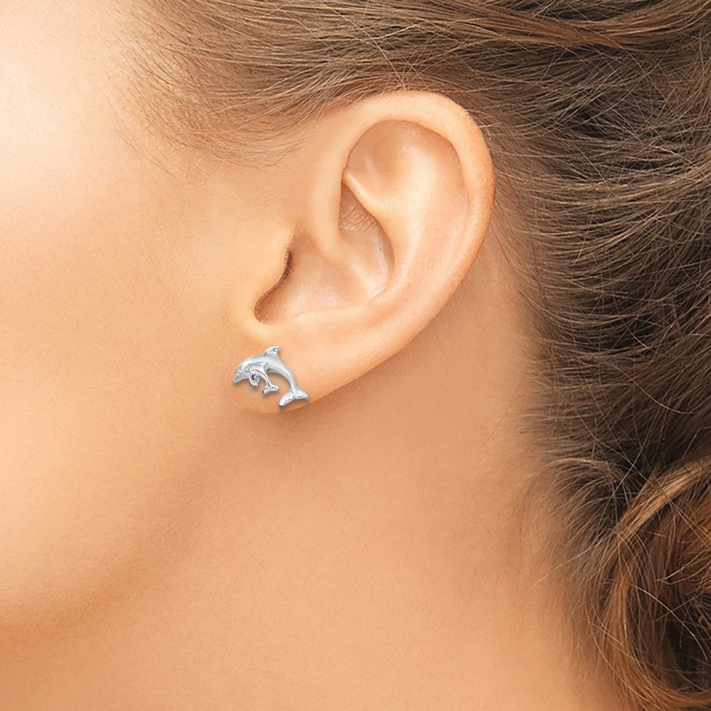 Sterling Silver De-Ani Rhodium-Plated Polished Dolphin And Baby Post Earrings