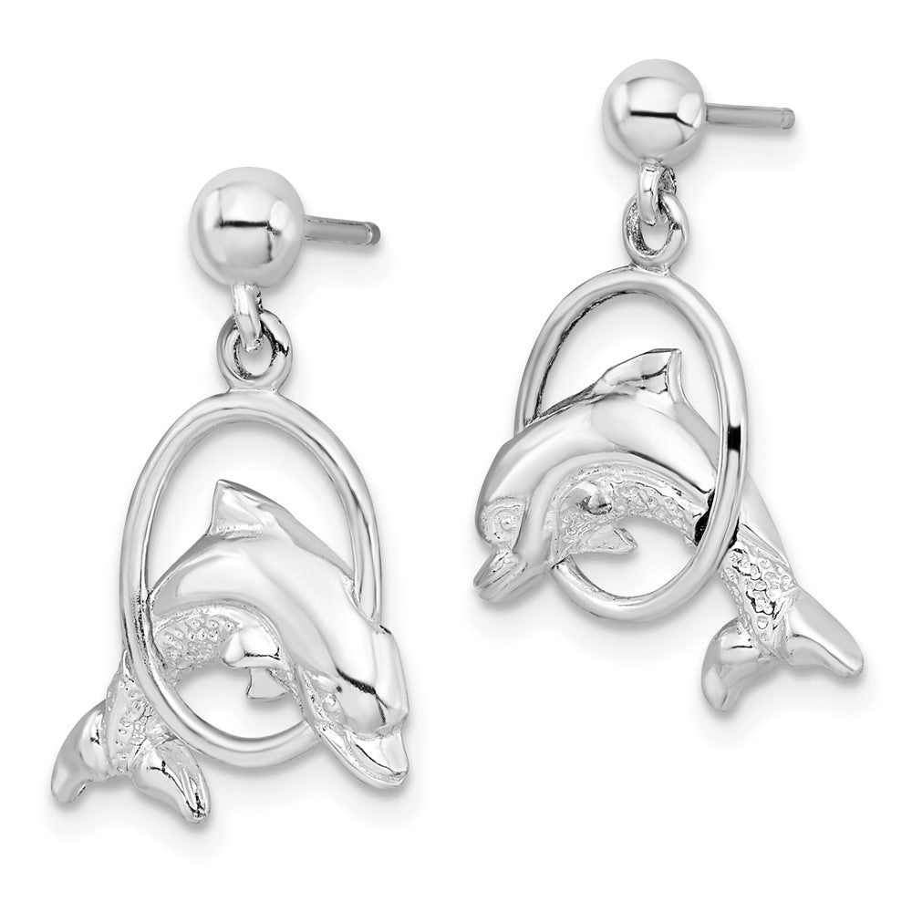 Sterling Silver De-Ani Rhodium-Plated Dolphin In Hoop Dangle Post Earrings