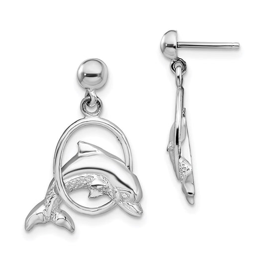 Sterling Silver De-Ani Rhodium-Plated Dolphin In Hoop Dangle Post Earrings