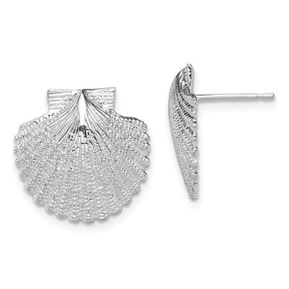 Sterling Silver De-Ani Rhodium-Plated Polished Large Scallop Shell Post Earrings