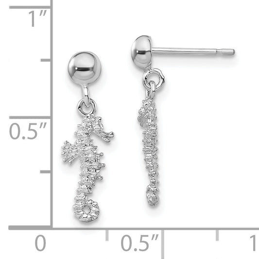 Sterling Silver De-Ani Rhodium-Plated 3D Mini Seahorse Dangle Post Earrings