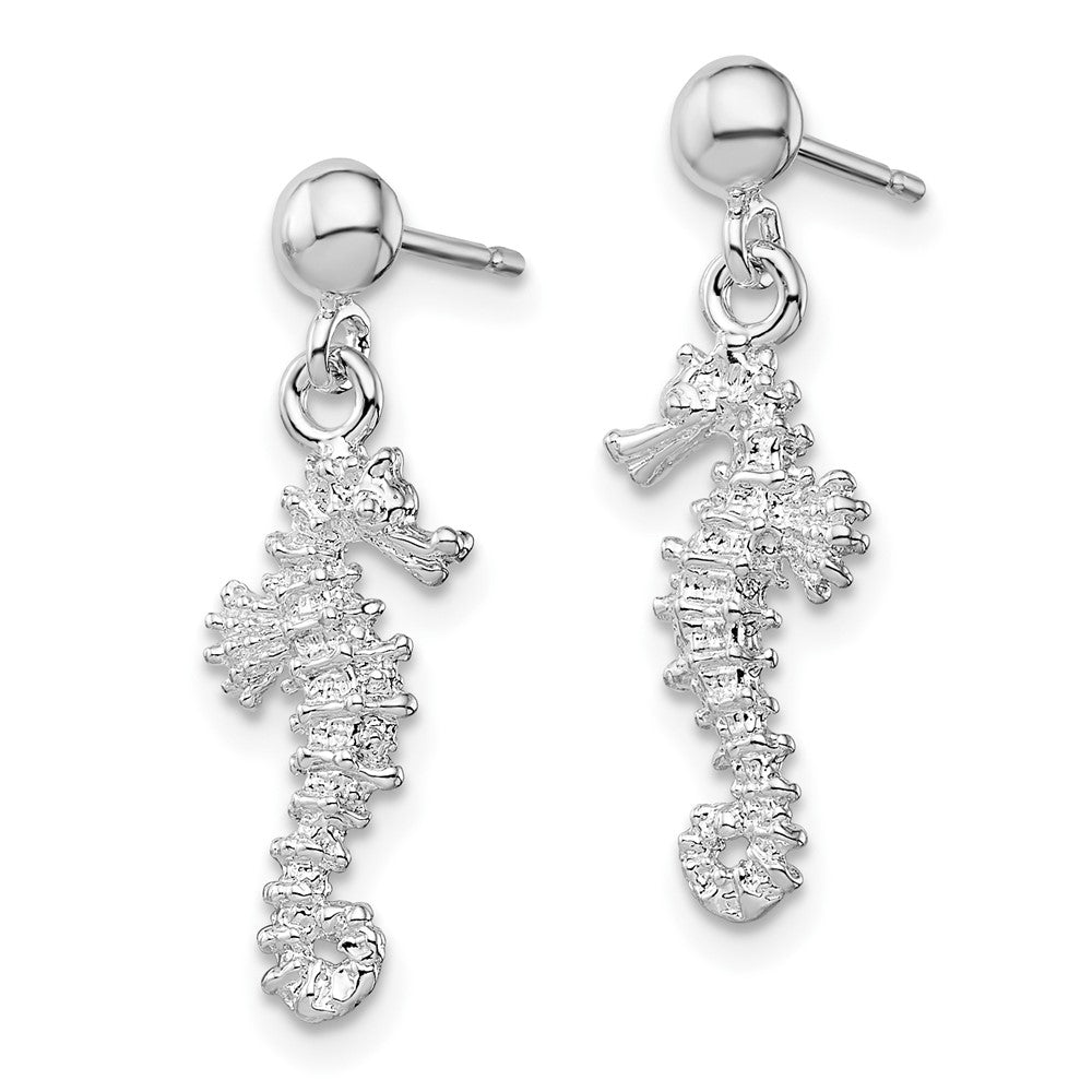 Sterling Silver De-Ani Rhodium-Plated Polished 3D Seahorse Dangle Post Earrings