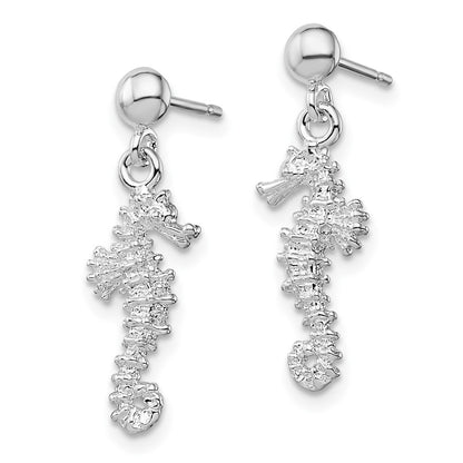 Sterling Silver De-Ani Rhodium-Plated Polished 3D Seahorse Dangle Post Earrings
