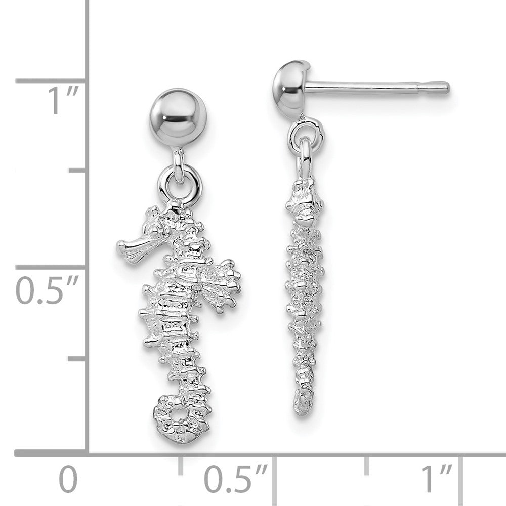 Sterling Silver De-Ani Rhodium-Plated Polished 3D Seahorse Dangle Post Earrings