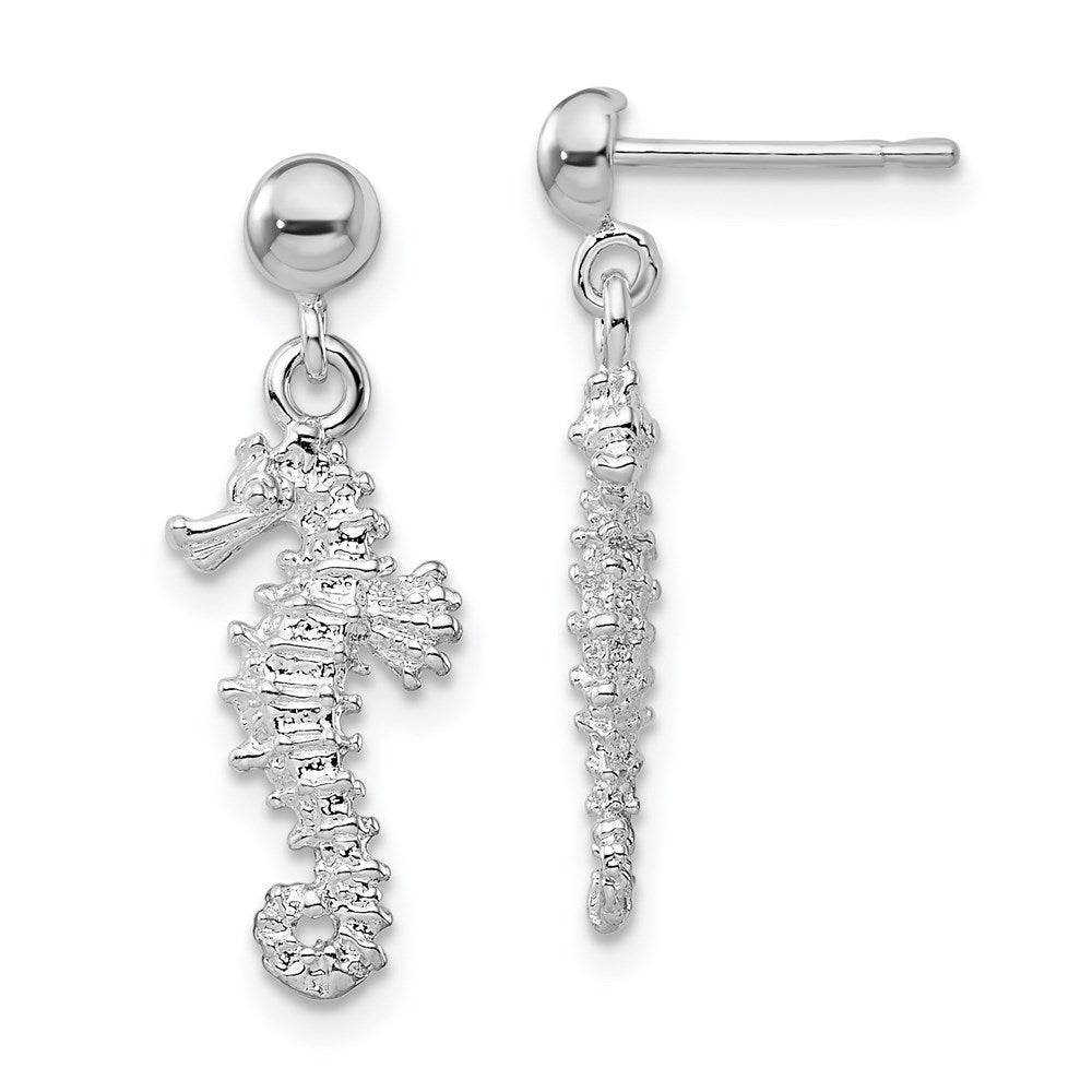 Sterling Silver De-Ani Rhodium-Plated Polished 3D Seahorse Dangle Post Earrings